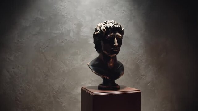 A classical bust sculpture sits on a pedestal under a spotlight against a textured wall