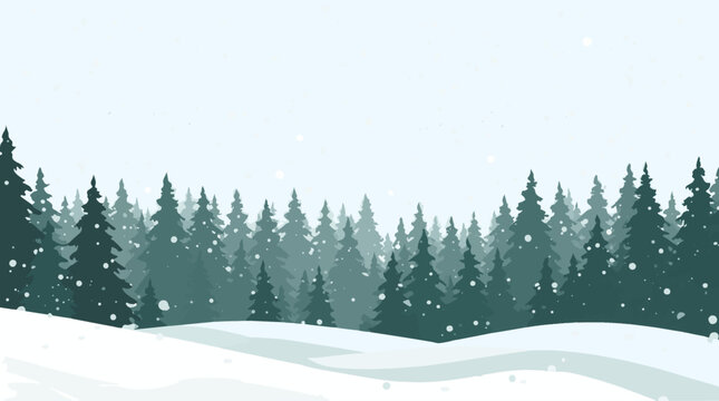 Vector template featuring a serene snow-covered background with a dense pine forest in the distance, rendered in a modern flat design style with bold line