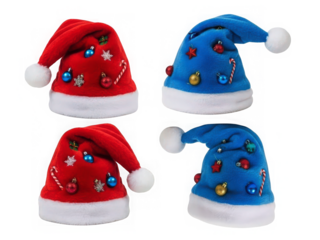 Classic red and blue Santa hat with white pompom, festive xmas design.