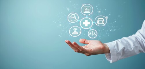 Businessman holds virtual medical network connection icons. Covid-19 pandemic develops people awareness, spreads attention on healthcare. Doctor, document, medicine, ambulance, patient icons float