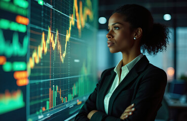 Confident Black woman examines financial graphs on a large monitor. She works in stock market trading, analyzing economic trends and growth for investment opportunities in fintech.