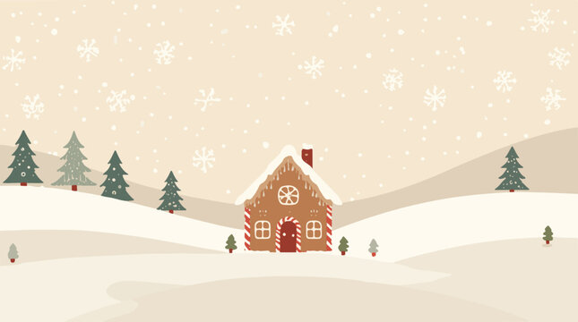 Vector illustration of a festive Christmas snow background with delicate snowflakes and a warm gingerbread house in the center, all in a modern flat design