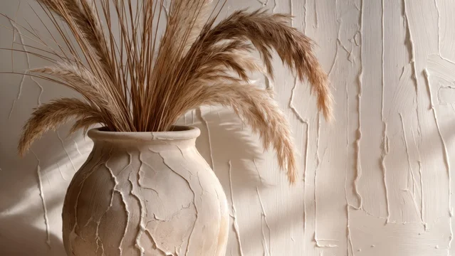 Handmade ceramic vase with dried grass in soft natural light