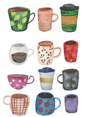 Coffee cups watercolor illustration