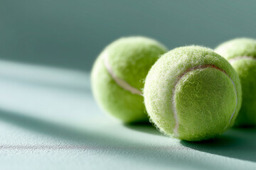 Three vibrant green tennis balls with a fuzzy texture rest on a light green surface, featuring crisp shadows and ample copy space.