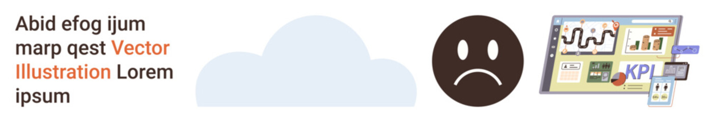 Cloud computing, emotions monitoring, data trends, performance analysis, digital tools, technological innovation. Sad face icon with a cloud and dashboard with graphs. Cloud computing and emotions