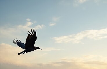 Obraz premium Black bird flies across pale blue sky with soft clouds. Creature has large wings outstretched in full flight above unseen land formations below. This scene offers sense of freedom and solitude.