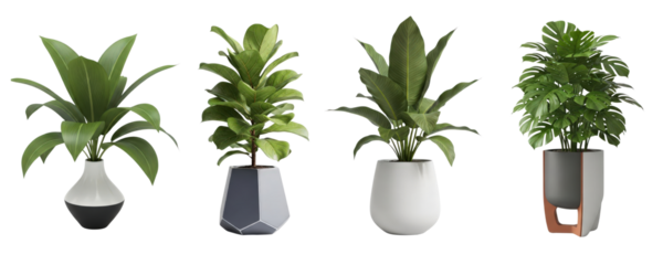Various Decorative houseplants in modern ceramic vase collection isolated on transparent background - no back ground