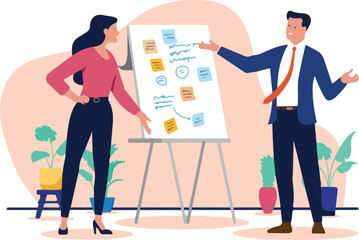 Businesspeople with flipchart - Two people, man and woman in workshop using sticky notes and scribbles to solve project problem, discussing and talking. Flat design vector illustration graphic.