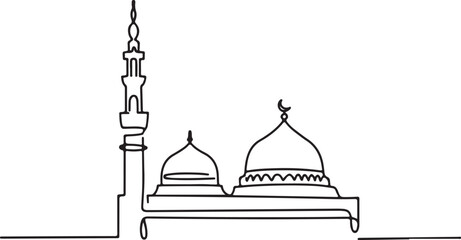 Continuous Line Art of Medina Skyline with Al Masjid an Nabawi Domes Minimal Outline Illustration © rs_studios