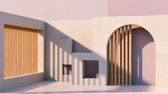 Abstract architectural scene with beige walls and wooden slats