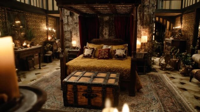 A cozy bedroom with a four-poster bed, lit by candles, and adorned with antique furniture