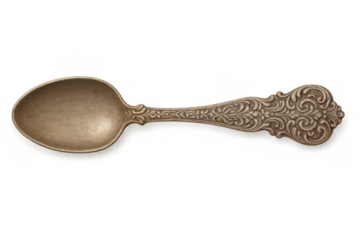 Ornate antique bronze spoon with intricate rococo swirling patterns and elegant vintage design, transparent background