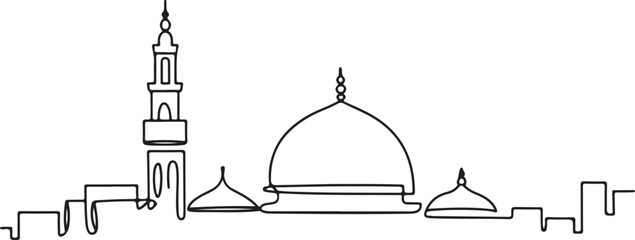 Continuous Line Art of Medina Skyline with Quba Mosque Dome Minimal Outline Illustration © rs_studios