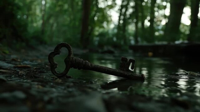 Close-up of an old, ornate key lying in shallow water, with a blurred forest background