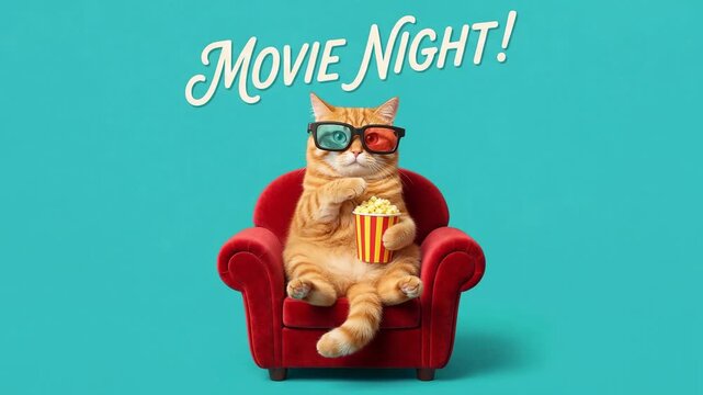Funny ginger cat wearing 3d glasses and holding popcorn, sitting in a red armchair on a turquoise background for a movie night entertainment concept, with the text movie night.