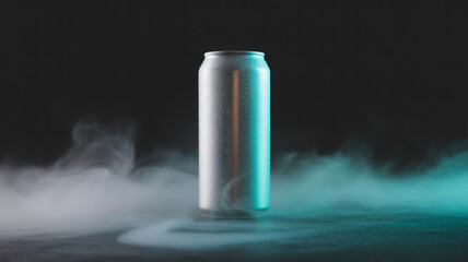 Chilled soda can emerging from cool mist on dark background