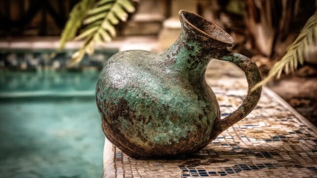 A weathered, ornate jug with a greenish patina sits near a pool, a plant blurred nearby