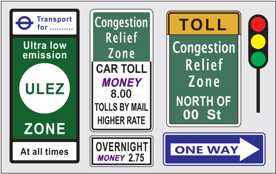 Assorted road signs and  Congestion Relief sign