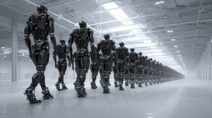 Obraz premium Futuristic robot army marching in industrial facility with precision