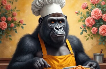 Gorilla chef in white hat and yellow apron holding plate with food. Monkey cook in kitchen with roses on yellow background. Ape wearing chef hat and apron preparing meal.