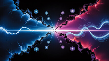 Vibrant neon lights connect technology and innovation in futuristic digital landscape