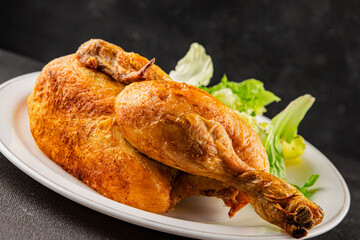 holiday chicken baked half chicken grill tasty snack fresh gourmet food background on table  rustic food top view copy space