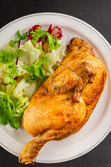 holiday chicken baked half chicken grill tasty snack fresh gourmet food background on table  rustic food top view copy space