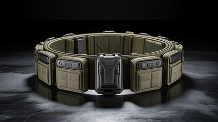 Tactical utility belt with pouches and tools on dark background