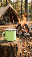 Steam rises from a green mug on a tree stump near a campfire and canvas tent in forest. A peaceful outdoor scene of warmth, nature, and relaxation in a rustic camping setting.