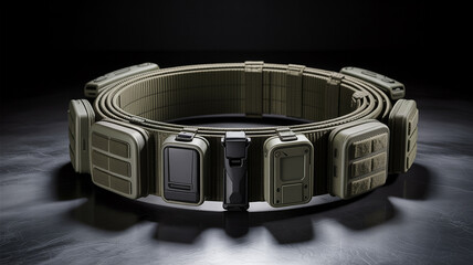 Tactical belt with utility pouches and buckle in olive green color