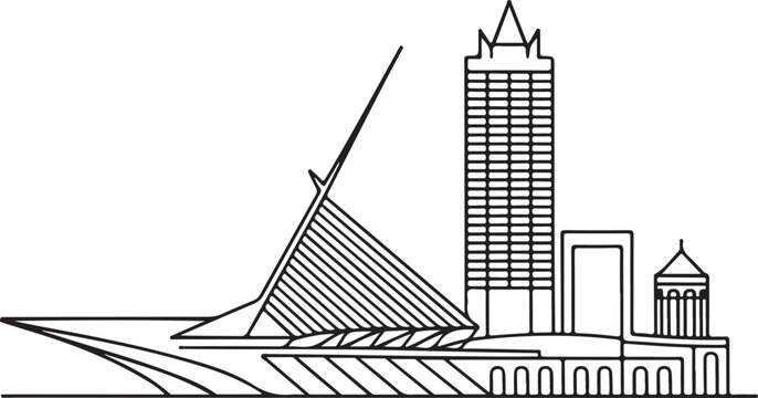 Continuous Line Art of Milwaukee Skyline with Art Museum Wing Structure Minimal Outline Illustration