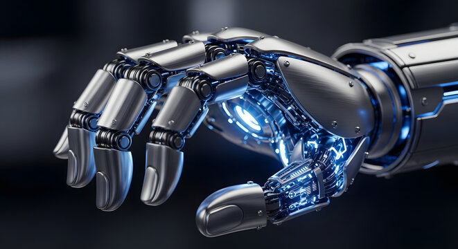Close-up of robotic hand with illuminated mechanical core showcasing futuristic technology and advanced engineering in high-tech environment - Powered by Adobe