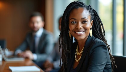 Smiling African American businesswoman with braided hair in formal attire sits at conference table. Colleagues work on laptops in background. Corporate meeting or discussion in modern office setting.