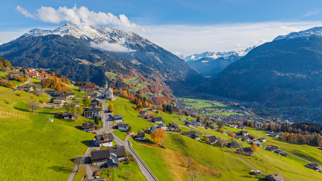 The village of Bartholom&auml;berg Montafon Valley, State of Vorarlberg, Austria, Drone Photography