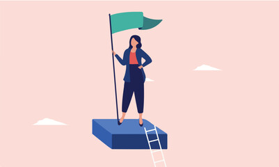 Businesswoman success - Successful woman standing on top of career ladder with green flag. Business achievement, development on accomplishment concept in flat design vector illustration