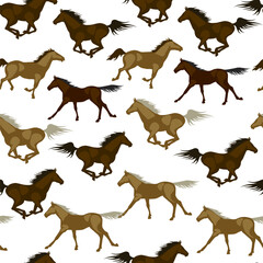 Wild horses. Vector seamless pattern of different-colored horse silhouettes isolated on white background. Seamless pattern for fabrics, textiles, packaging, and wallpaper. Vector illustration.
