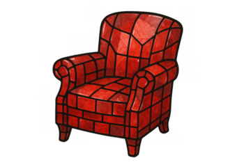 Red armchair illustration with a stained glass or brick pattern, showing comfort and vintage style on a transparent background