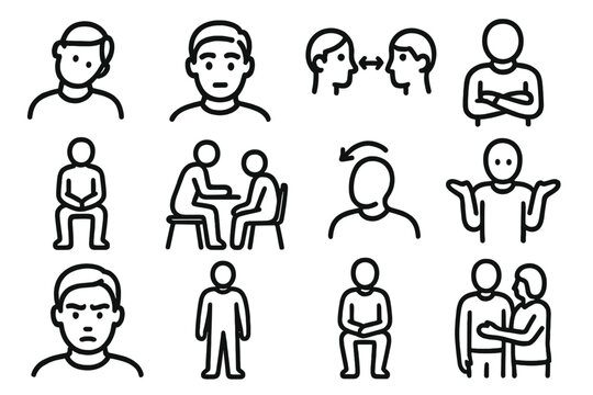 Body Language Icons. Nonverbal Expression Cues linear set: head tilt icon, eyebrow lift, eye contact symbol, crossed arms, open posture, leaning-in gesture, nodding head, shrug
