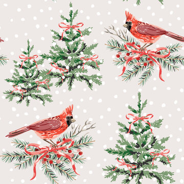 Christmas seamless pattern, cardinal birds, fir trees, twigs, red bows, snow, beige background. Vector illustration. Nature design. Winter season greeting. New Year holidays