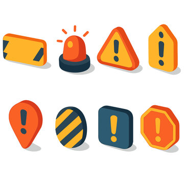 Isometric Caution Icons. Caution & alert icons isometric flat set: warning banner, signal flash, danger triangle, caution tag, alert marker, hazard stripe badge, notice symbol,