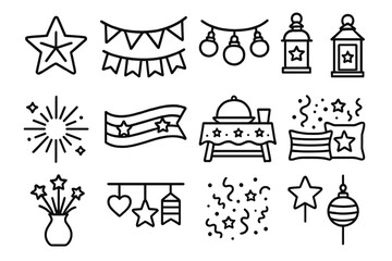 Naklejka premium Festive Outdoor Decorations. Independence Day Party Decor linear set: star motifs, mini banners, string lights, lantern set, sparkle icon, ribbon decor, table spread, outdoor