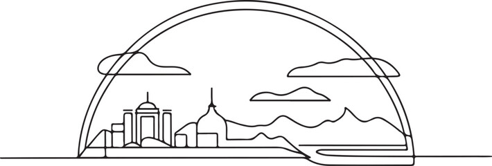 Fototapeta premium Continuous Line Art of Muscat Skyline with Coastal Mountain Arc Minimal Outline Illustration