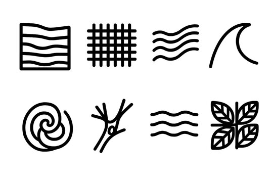 Nature Pattern Icons. Earth-Derived Pattern Icons linear set: stone strata bar, reed weave, flowing stream band, dune crest arc, floral whorl, branch knot, ripple strip, leaf