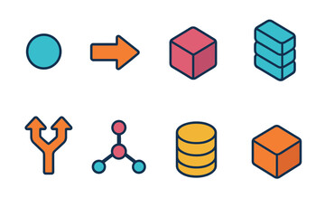 Isometric Routing Icons. Information routing elements isometric flat set: source node, transfer arrow, buffer block, data queue, split route, join hub, storage icon, final output.