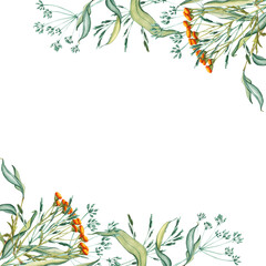 Watercolor frame of bouquet meadow leaves and yellow tansy, flowers, branches and wild dry grass. Evergreen grass field in nature, meadow in springtime. Summer botany. Natural green tones