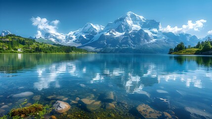 Majestic alpine lake reflecting snow-capped mountains under a clear blue summer sky, Switzerland