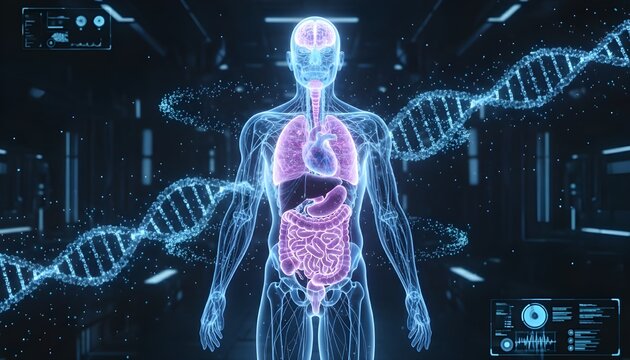 Anatomie Humaine Holographique Futuriste avec Organes Lumineux