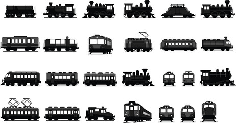 Train silhouette clipart, steam electric diesel locomotive icons, passenger freight car vector, black railway graphics, transportation illustration set © Rifat Creatives