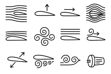 Aerodynamics Icon Set. Aerodynamic Principles linear set: airflow streamlines, lift vector arrow, drag force arrow, pressure gradient map, wing cross-section, boundary layer sheet,